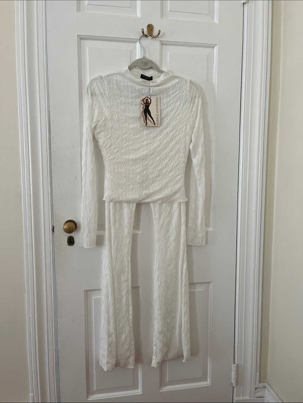 Naked Wardrobe Cream Cable-Knit Wide-Leg Pants & Top Set